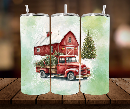 Tumbler - "winter red truck/barn"