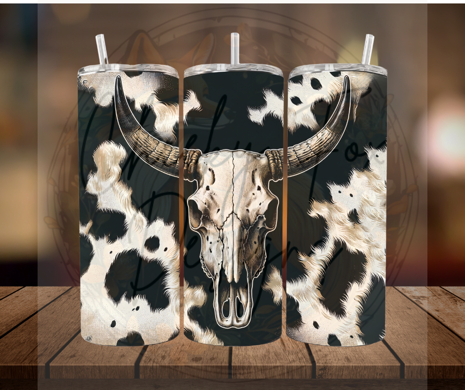 Tumbler - "black and white cow skull cowhide"