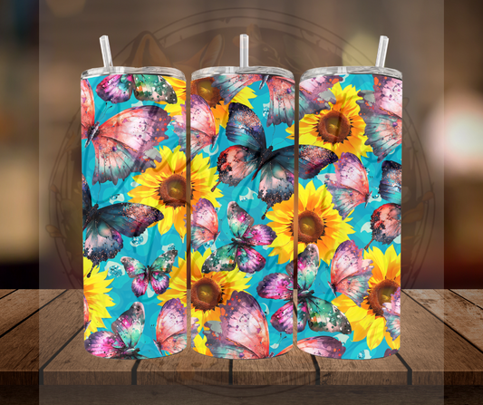 Tumbler - "butterflies and sunflowers blue"